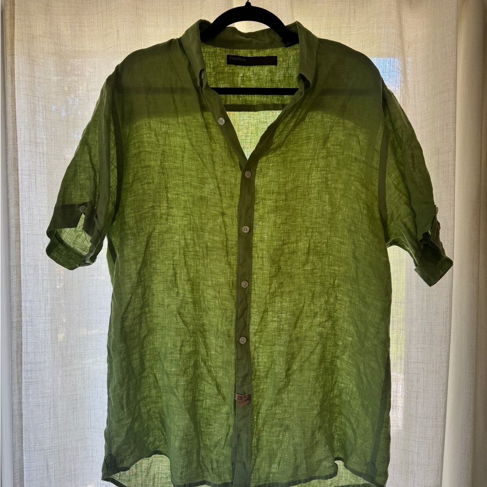 Vintage Perry Ellis Green 100% Linen Men's Shirt - Size Large